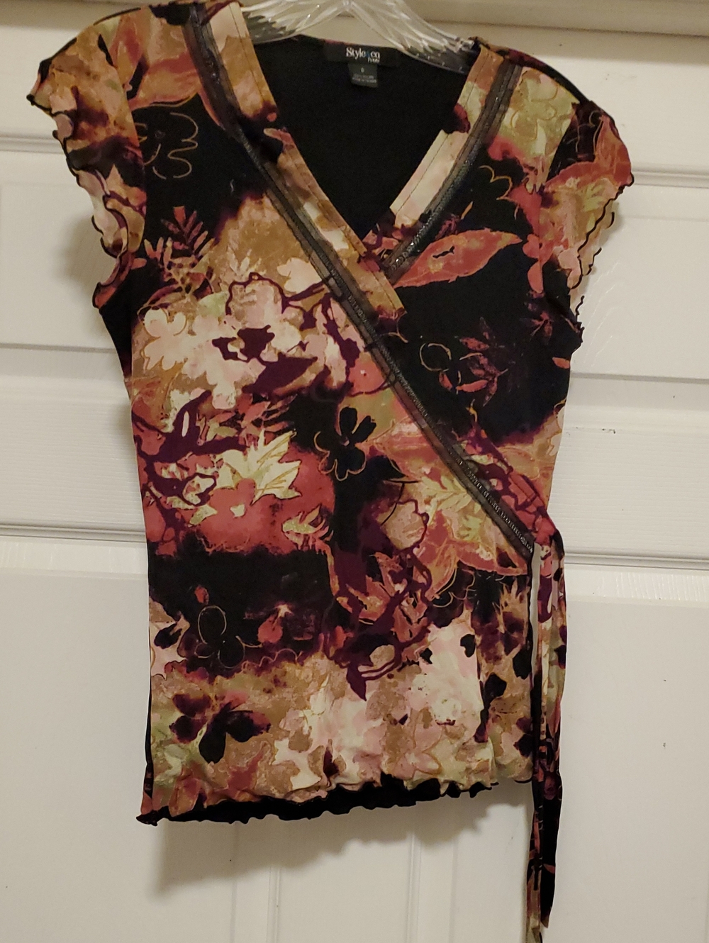 Style & Co. Floral Wrap Blouse in Black, Rust and Cream